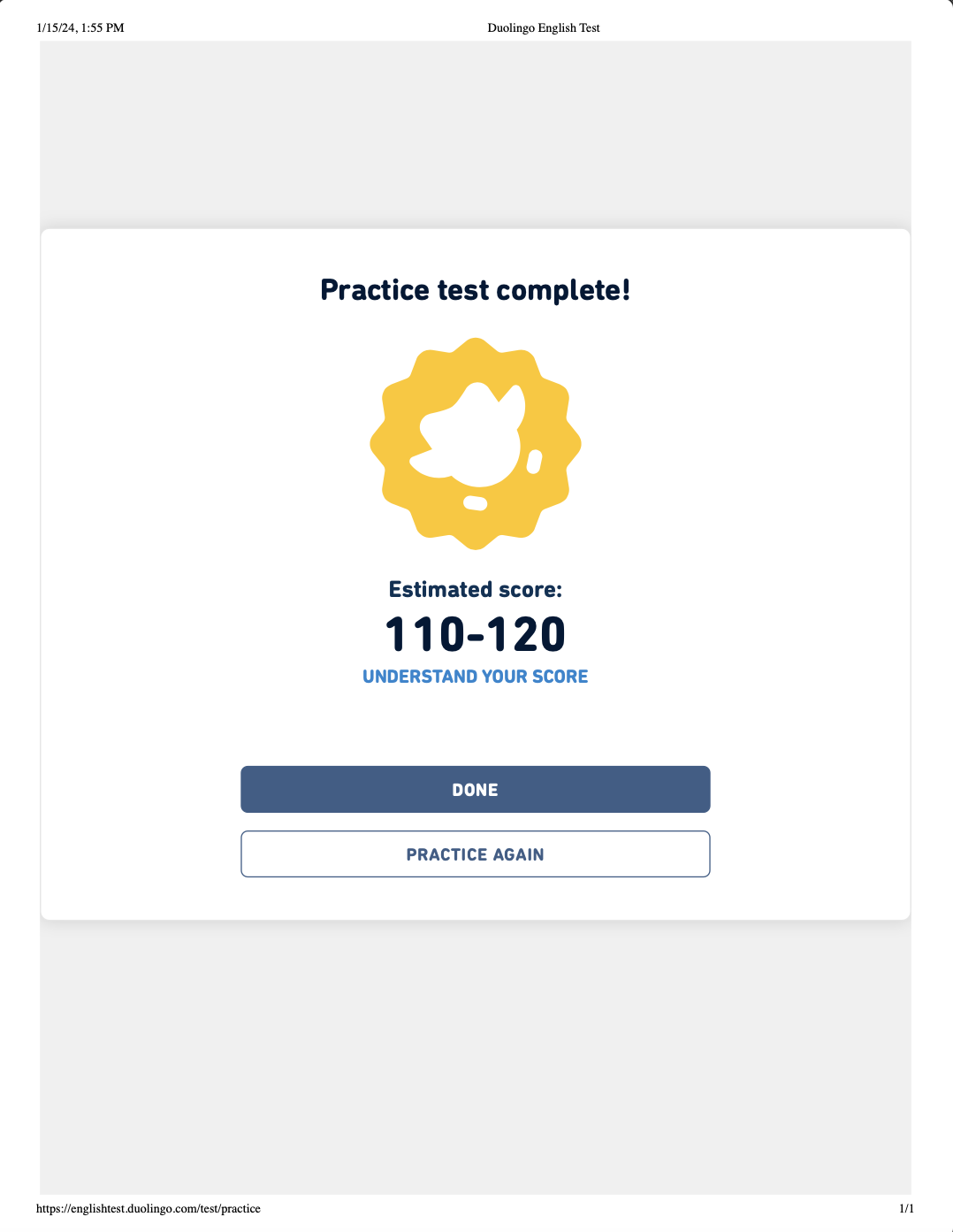 Certificate of Duolingo English Test