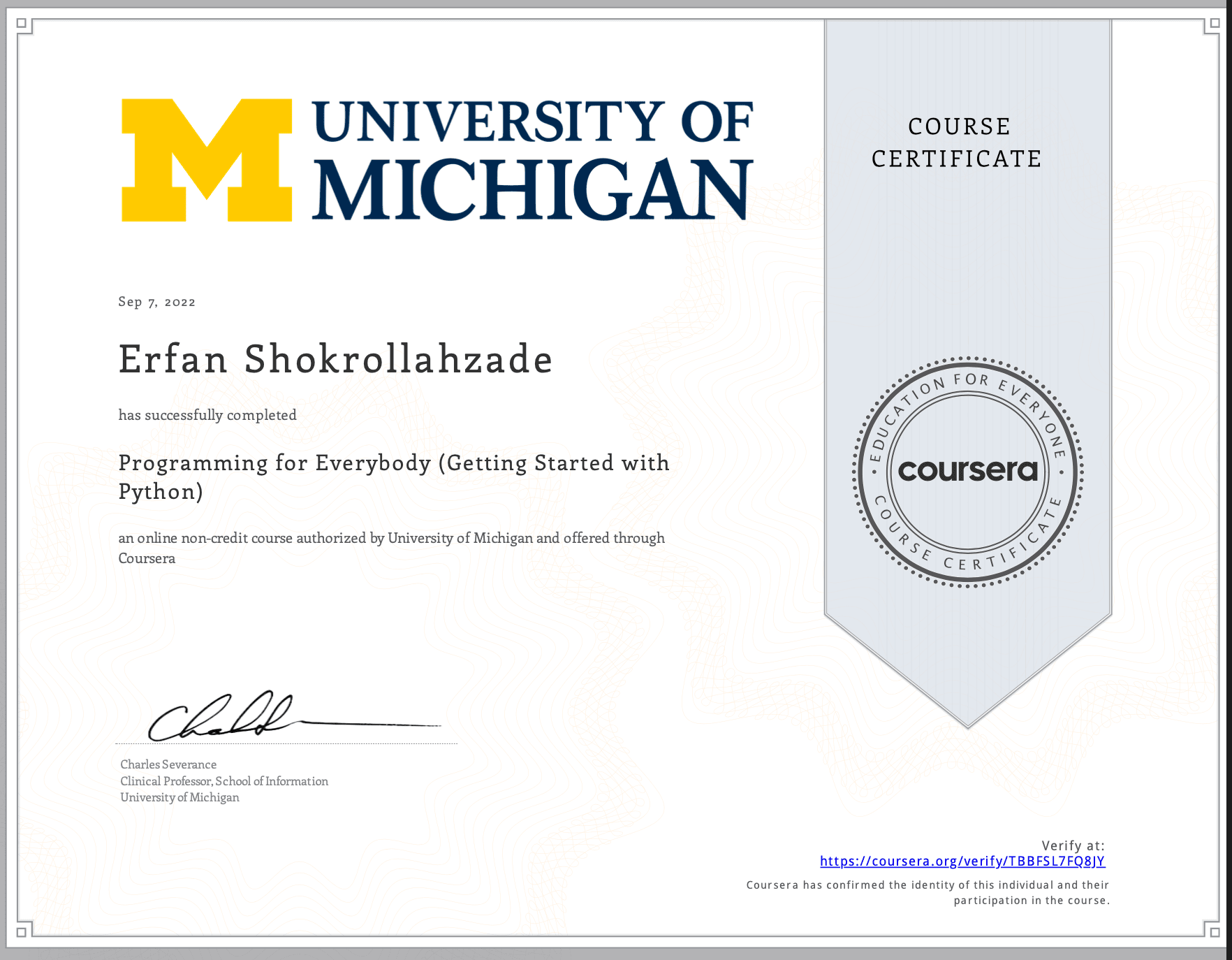 Certificate of Python for Everybody