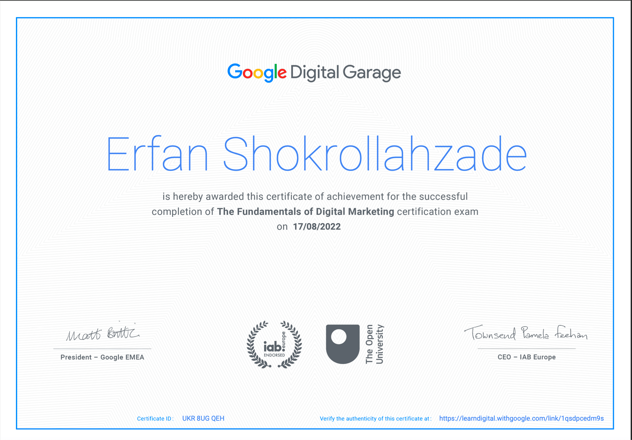 Certificate of Google Digital Marketing
