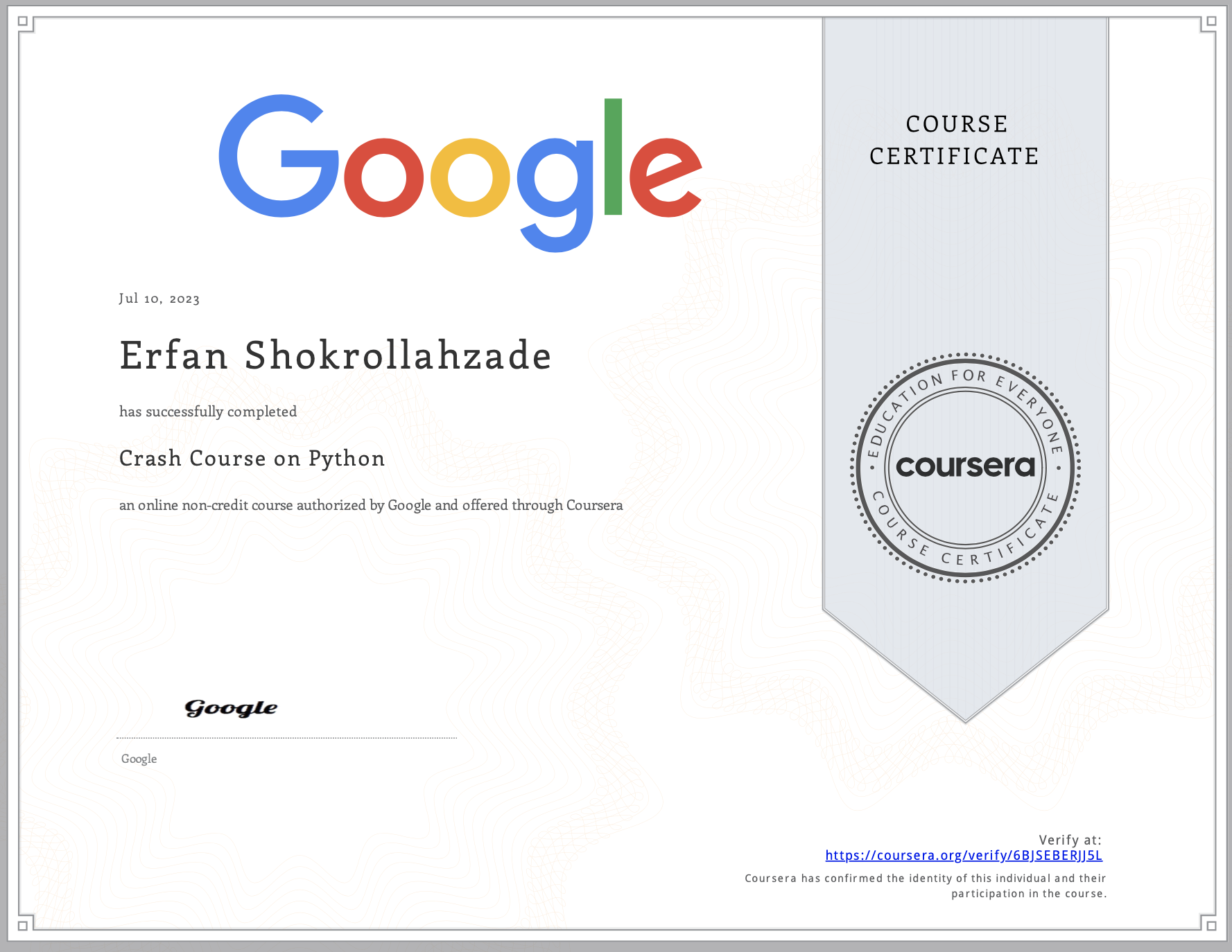 Certificate of Crash Course on Python