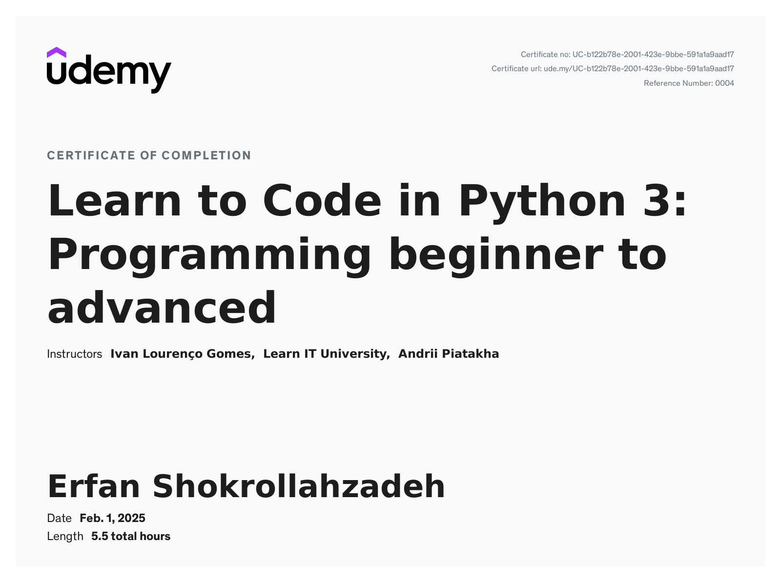 Certificate of Learn Code in Python 3
