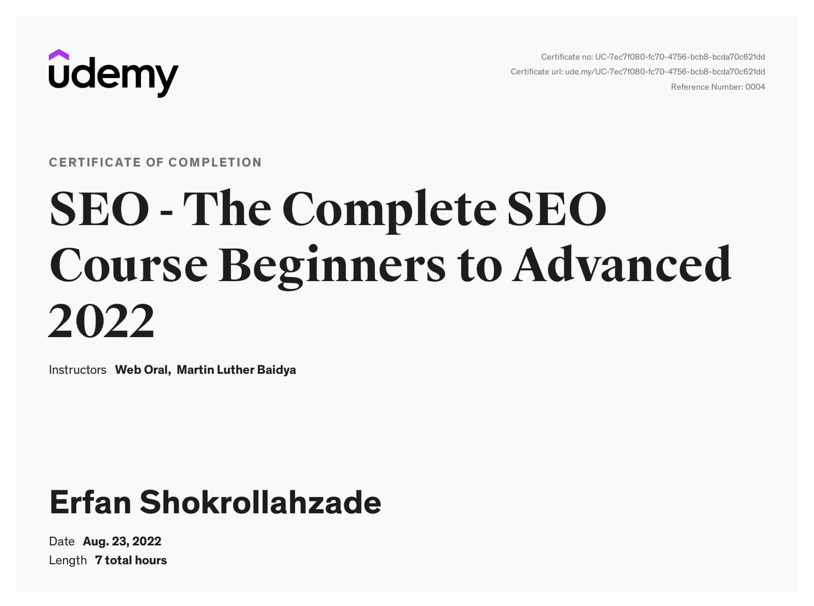 Certificate of SEO