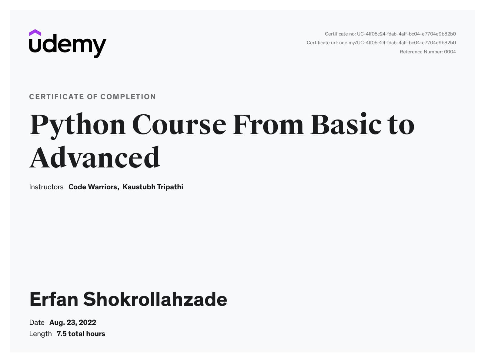 Certificate of Python for basic to advanced