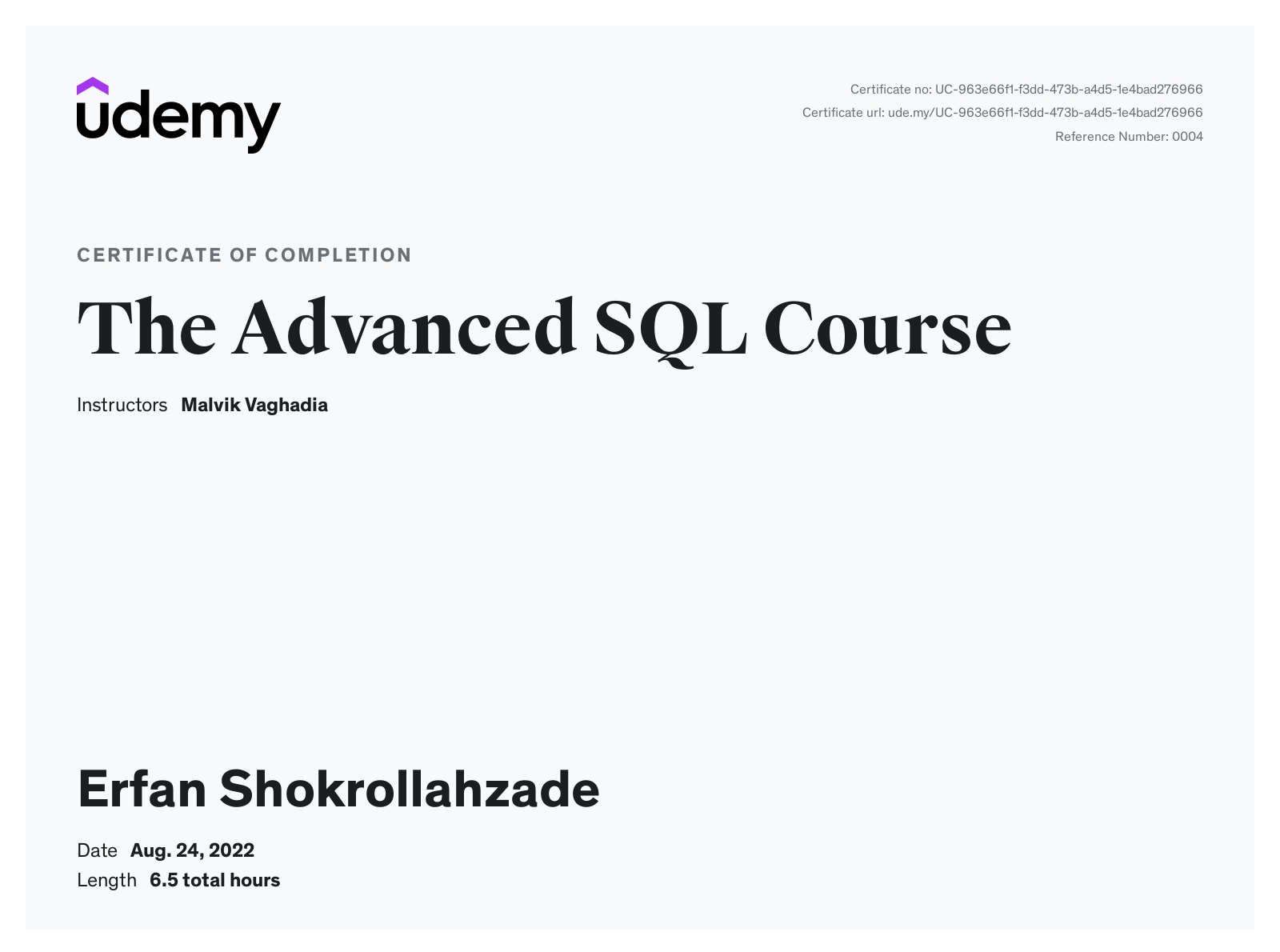 Certificate of SQL